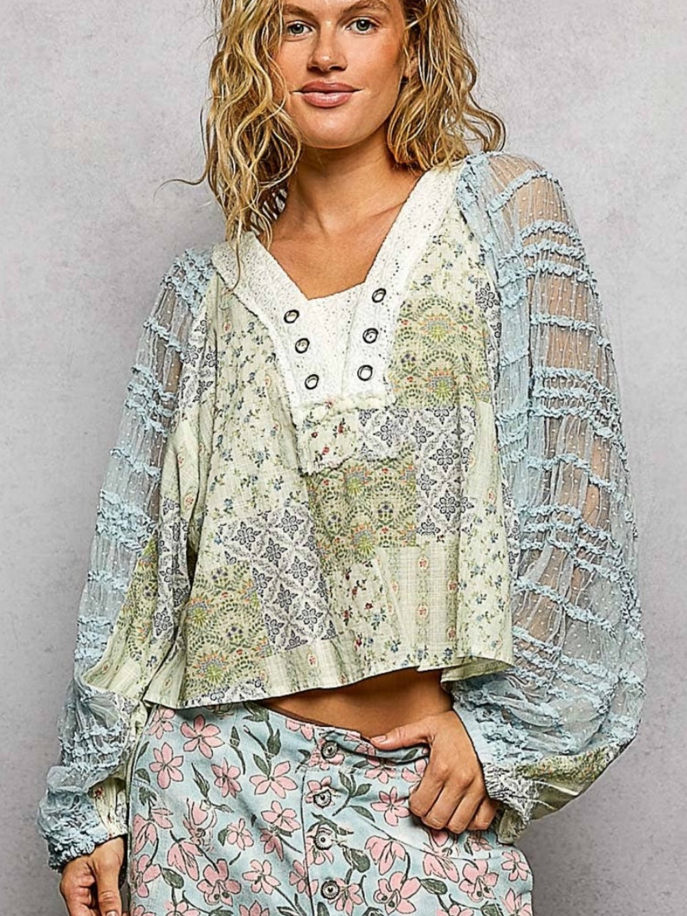 POL Oversized Cotton Cottagecore Patchwork Ruffle Boho Top